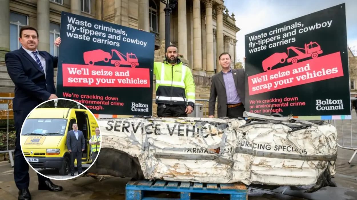 Bolton-Council-Crushes-Flytipper's-Van-at-Town-Hall-Warning-image